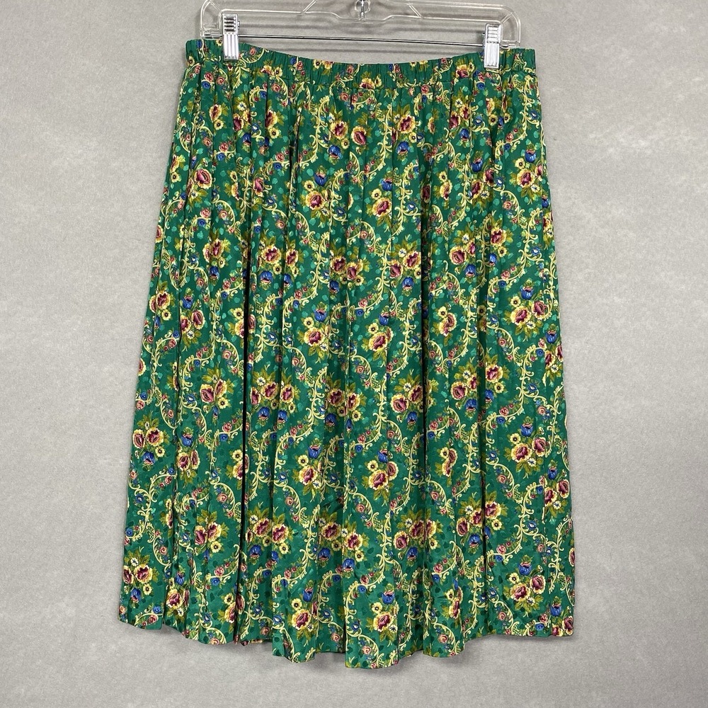 Leslie Fay Women 12 Skirt Green Floral Pleated Elastic Waist Twee 90s Vintage